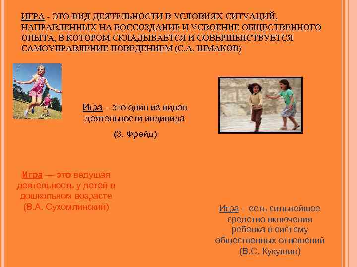 ИГРА - ЭТО ВИД ДЕЯТЕЛЬНОСТИ В УСЛОВИЯХ СИТУАЦИЙ, НАПРАВЛЕННЫХ НА ВОССОЗДАНИЕ И УСВОЕНИЕ ОБЩЕСТВЕННОГО