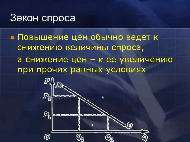 Закон спроса l  Повышение цен обычно ведет к снижению величины спроса, а снижение
