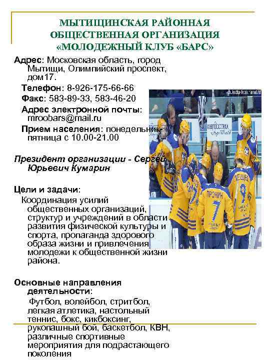    МЫТИЩИНСКАЯ РАЙОННАЯ   ОБЩЕСТВЕННАЯ ОРГАНИЗАЦИЯ  «МОЛОДЕЖНЫЙ КЛУБ «БАРС» Адрес: