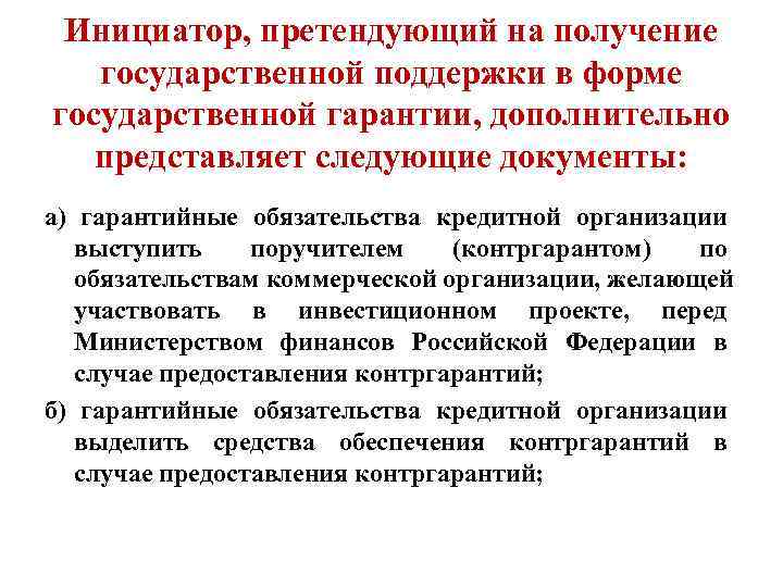  Инициатор, претендующий на получение государственной поддержки в форме государственной гарантии, дополнительно представляет следующие