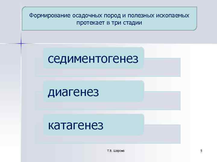 Формирование осадочных пород и полезных ископаемых протекает в три стадии Формирование осадочных пород и полезных ископаемых протекает в три стадии