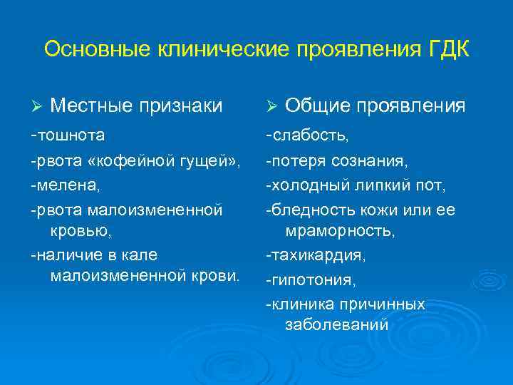  Основные клинические проявления ГДК Ø  Местные признаки  Ø  Общие проявления