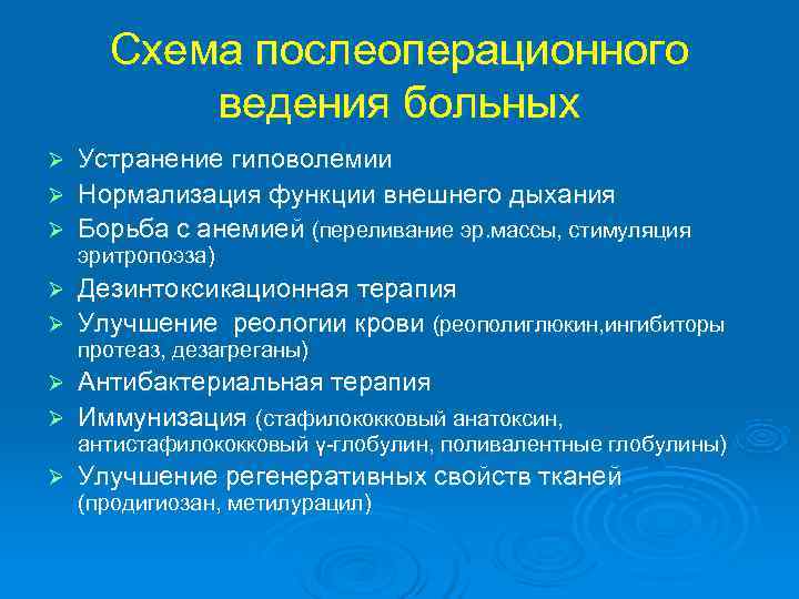  Схема послеоперационного  ведения больных Ø Устранение гиповолемии Ø Нормализация функции внешнего дыхания