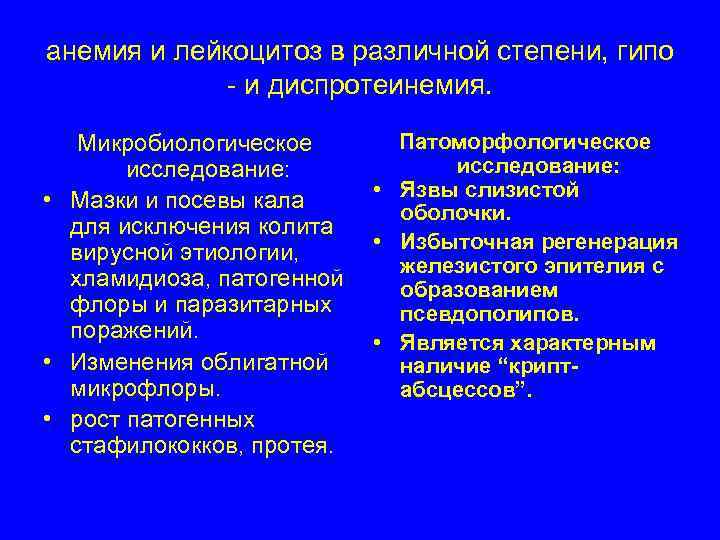 анемия и лейкоцитоз в различной степени, гипо   - и диспротеинемия. Микробиологическое 