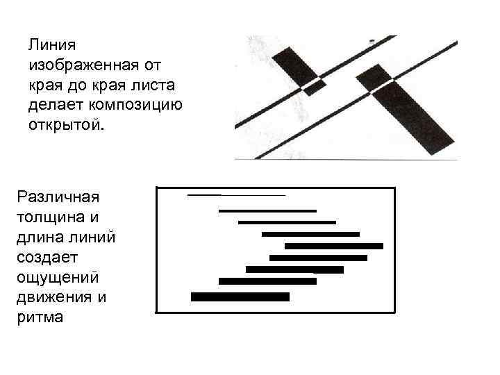  Линия изображенная от края до края листа делает композицию открытой. Различная толщина и