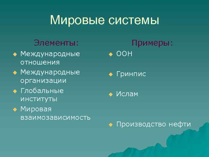   Мировые системы  Элементы:    Примеры: u  Международные 