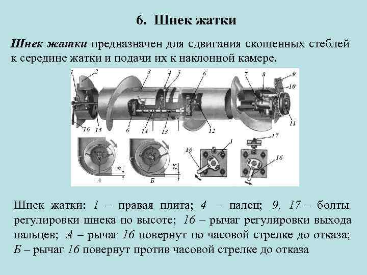      6. Шнек жатки предназначен для сдвигания скошенных стеблей к