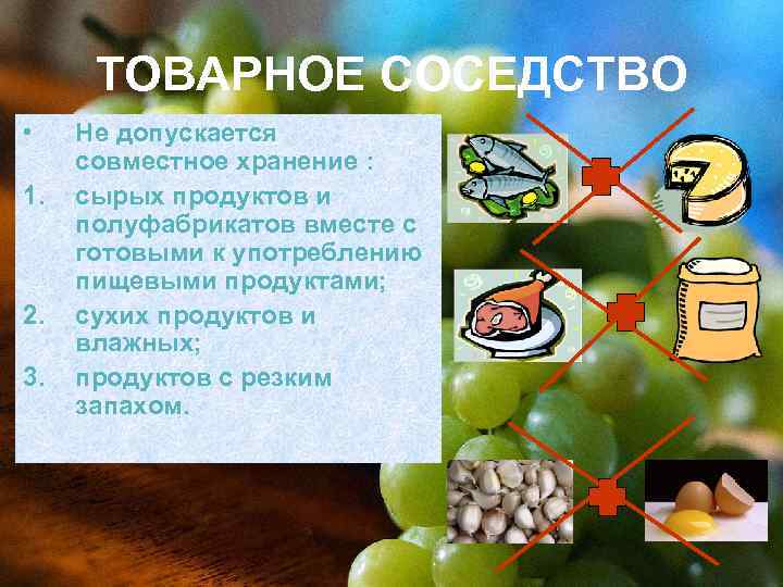  ТОВАРНОЕ СОСЕДСТВО • Не допускается совместное хранение : 1.  сырых продуктов и