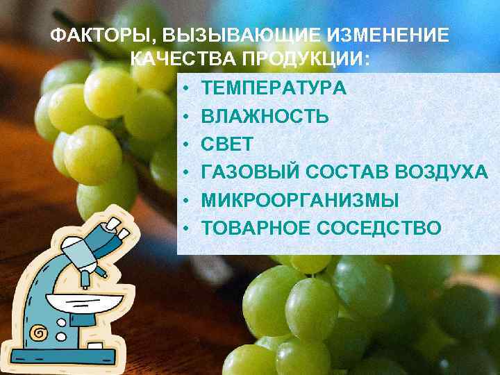 ФАКТОРЫ, ВЫЗЫВАЮЩИЕ ИЗМЕНЕНИЕ  КАЧЕСТВА ПРОДУКЦИИ:  •  ТЕМПЕРАТУРА  •  ВЛАЖНОСТЬ