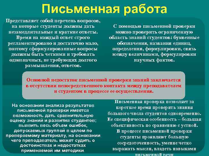    Письменная работа Представляет собой перечень вопросов, на которые студенты должны дать