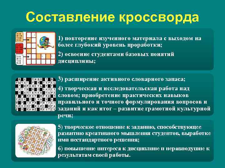 Составление кроссворда 1) повторение изученного материала с выходом на более глубокий уровень проработки; 