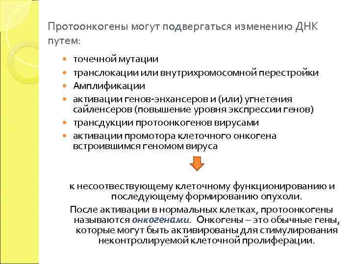 Протоонкогены могут подвергаться изменению ДНК путем: точечной мутации транслокации или внутрихромосомной перестройки Амплификации активации
