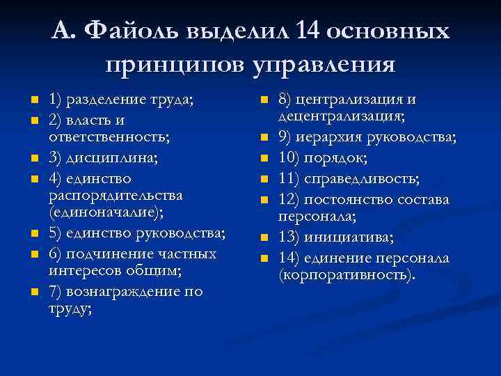 А. Файоль выделил 14 основных принципов управления n 1) А. Файоль выделил 14 основных принципов управления n 1)