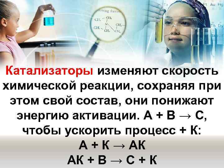 Катализаторы изменяют скорость химической реакции, сохраняя при  этом свой состав, они понижают 