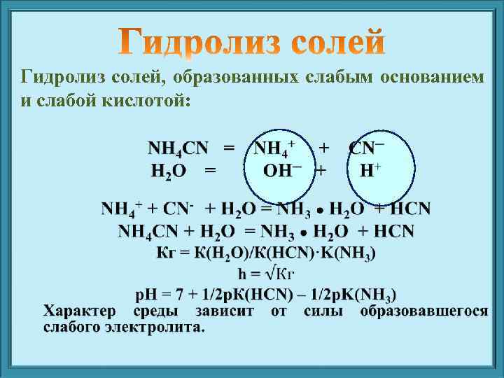 Гидролиз солей, образованных слабым основанием и слабой кислотой: •  