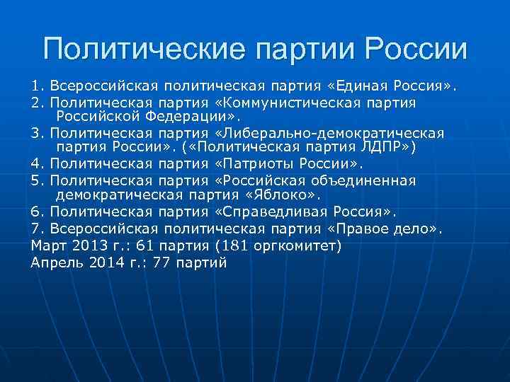  Политические партии России 1. Всероссийская политическая партия «Единая Россия» . 2. Политическая партия