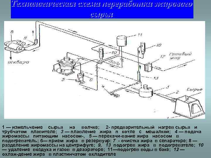 1 — измельчение сырья на волчке; 2 предварительный нагрев сырья и трубчатом плавителе; 3