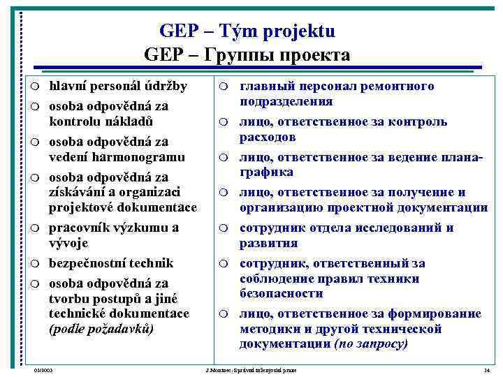     GEP – Tým projektu    GEP – Группы