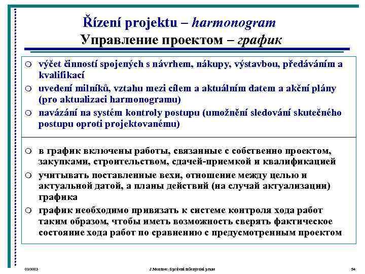     Řízení projektu – harmonogram    Управление проектом –