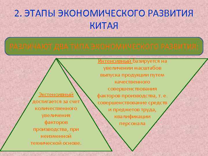  2. ЭТАПЫ ЭКОНОМИЧЕСКОГО РАЗВИТИЯ    КИТАЯ РАЗЛИЧАЮТ ДВА ТИПА ЭКОНОМИЧЕСКОГО РАЗВИТИЯ: