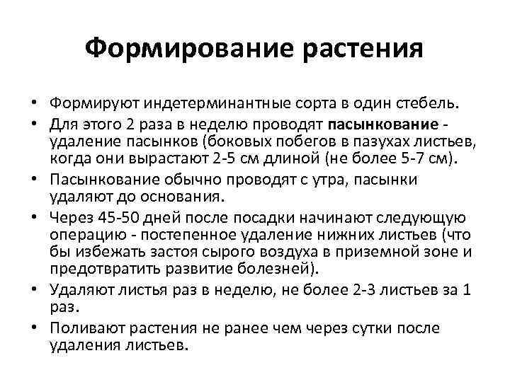  Формирование растения • Формируют индетерминантные сорта в один стебель.  • Для этого