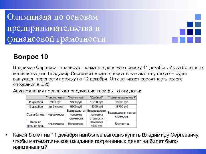   Олимпиада по основам предпринимательства и   финансовой грамотности Вопрос 10 Владимир