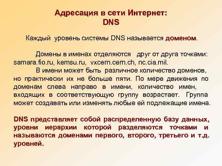   Адресация в сети Интернет:    DNS  Каждый уровень системы