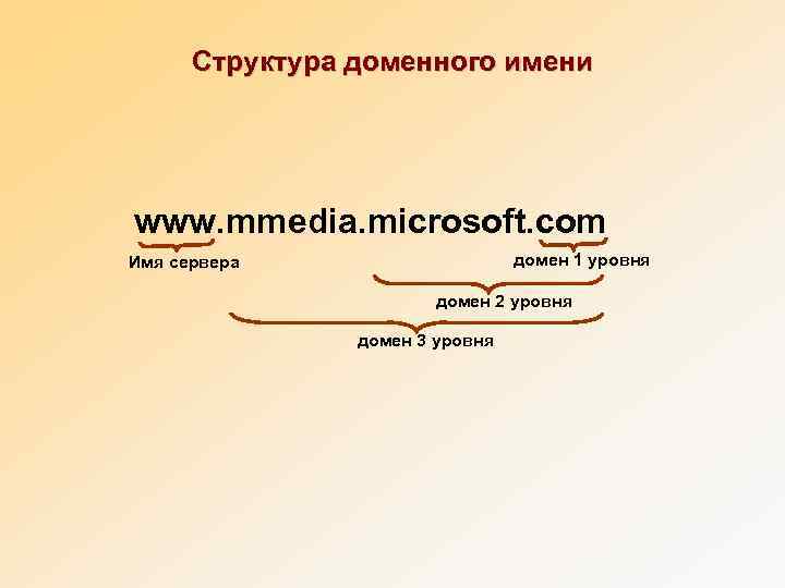  Структура доменного имени www. mmedia. microsoft. com Имя сервера    