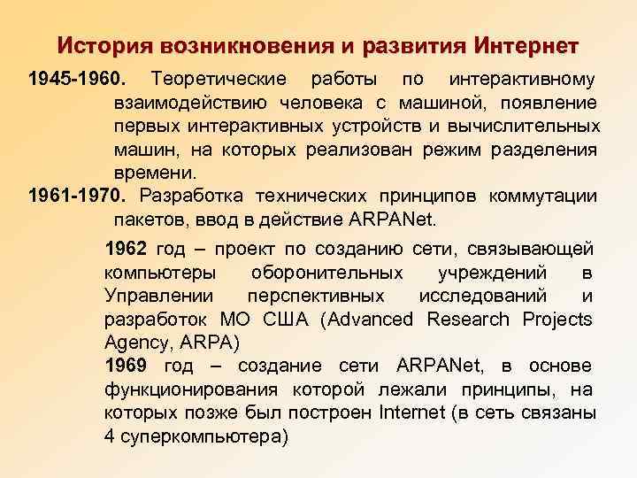   История возникновения и развития Интернет 1945 -1960.  Теоретические работы по интерактивному