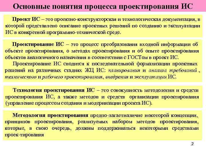   Основные понятия процесса проектирования ИС  Проект ИС – это проектно конструкторская