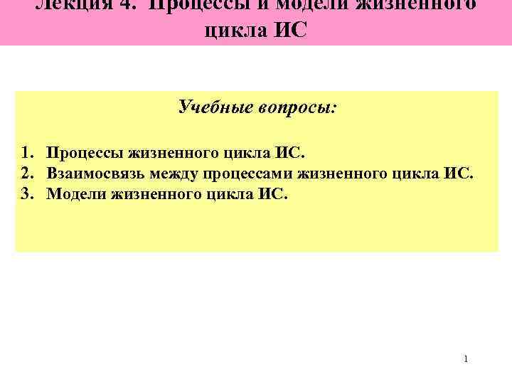 Лекция 4. Процессы и модели жизненного    цикла ИС  