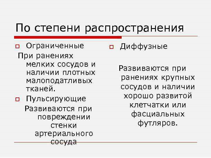 По степени распространения o Ограниченные  o  Диффузные При ранениях  мелких сосудов