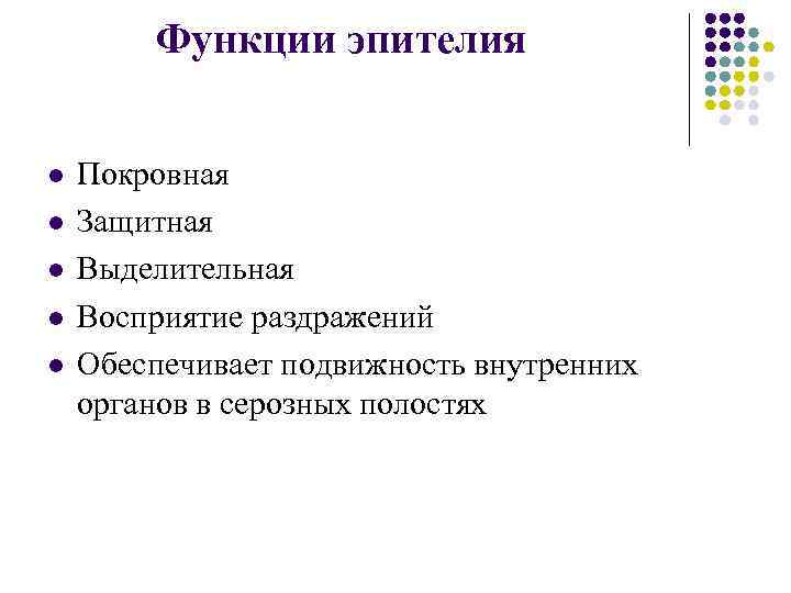   Функции эпителия  l  Покровная l  Защитная l  Выделительная