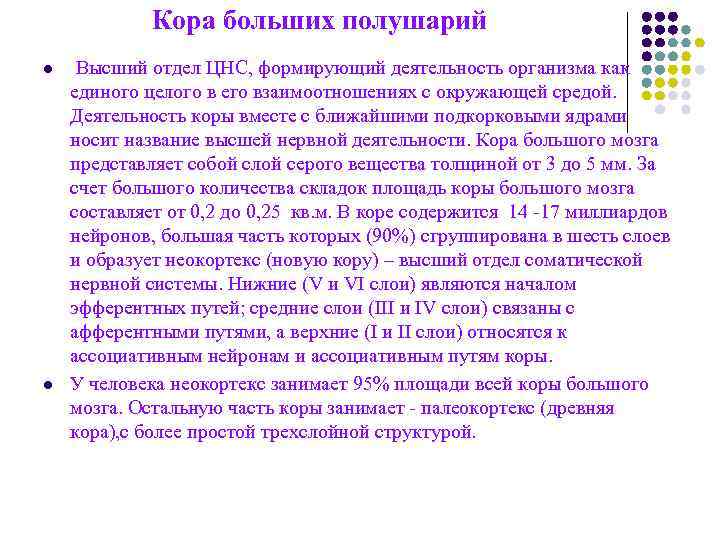 Кора больших полушарий l Высший отдел ЦНС, формирующий деятельность организма Кора больших полушарий l Высший отдел ЦНС, формирующий деятельность организма