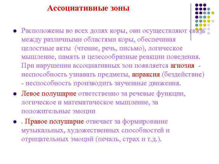 Ассоциативные зоны l Расположены во всех долях коры, они осуществляют связь Ассоциативные зоны l Расположены во всех долях коры, они осуществляют связь