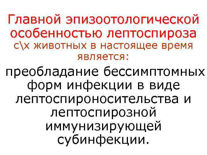 Главной эпизоотологической особенностью лептоспироза сх животных в настоящее время   является: преобладание бессимптомных