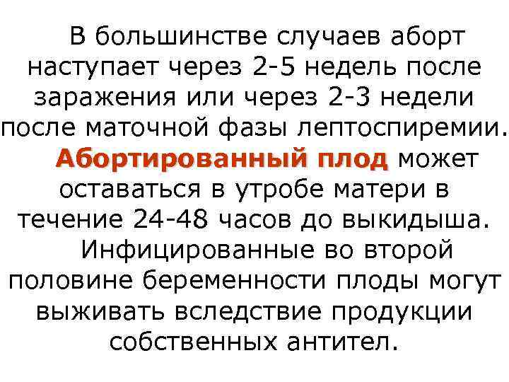  В большинстве случаев аборт  наступает через 2 -5 недель после  заражения