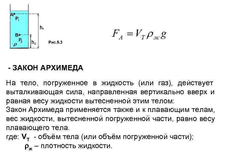 - ЗАКОН АРХИМЕДА На тело, погруженное в жидкость (или газ), действует выталкивающая сила, направленная - ЗАКОН АРХИМЕДА На тело, погруженное в жидкость (или газ), действует выталкивающая сила, направленная