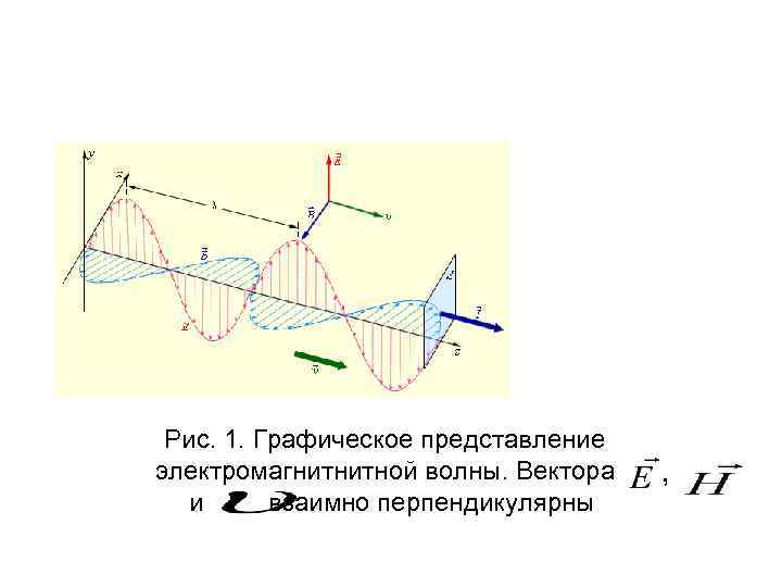  Рис. 1. Графическое представление электромагнитнитной волны. Векторa  , и взаимно перпендикулярны 