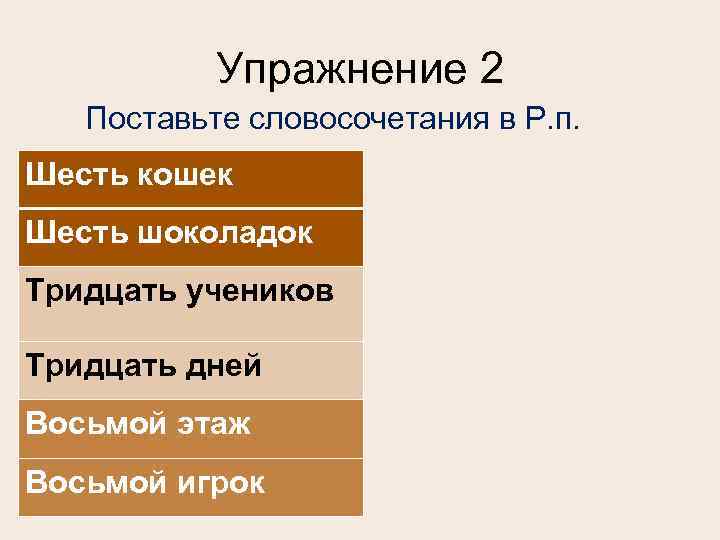   Упражнение 2  Поставьте словосочетания в Р. п. Шесть кошек Шесть шоколадок