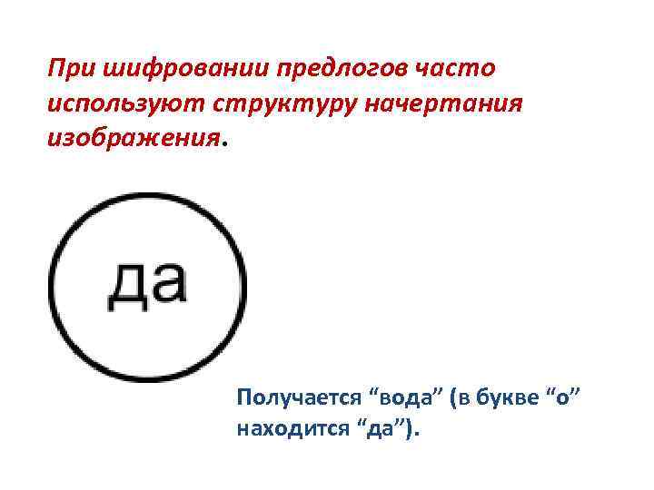 При шифровании предлогов часто используют структуру начертания изображения.   Получается “вода” (в букве