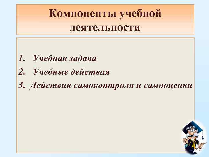  Компоненты учебной   деятельности 1. Учебная задача 2. Учебные действия 3. Действия