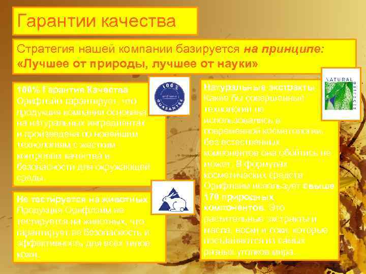 Гарантии качества Стратегия нашей компании базируется на принципе:  «Лучшее от природы, лучшее от