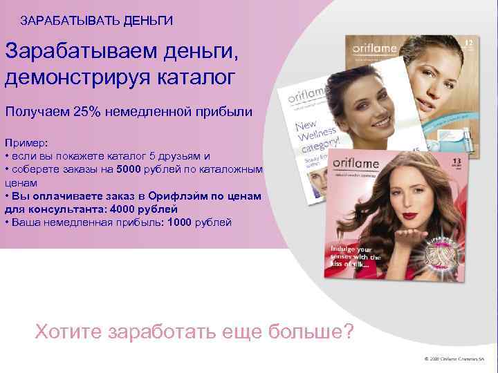  ЗАРАБАТЫВАТЬ ДЕНЬГИ Зарабатываем деньги, демонстрируя каталог Получаем 25% немедленной прибыли Пример:  •