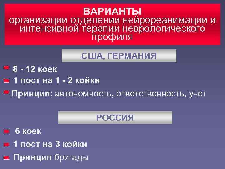    ВАРИАНТЫ организации отделении нейрореанимации и  интенсивной терапии неврологического  