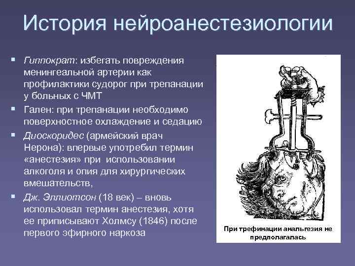  История нейроанестезиологии  Гиппократ: избегать повреждения  менингеальной артерии как  профилактики судорог