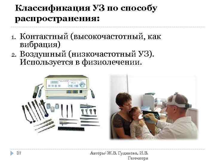  Классификация УЗ по способу распространения:  1. Контактный (высокочастотный, как  вибрация) 2.