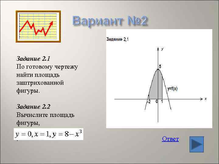 Задание 2. 1 По готовому чертежу найти площадь заштрихованной фигуры.  Задание 2. 2