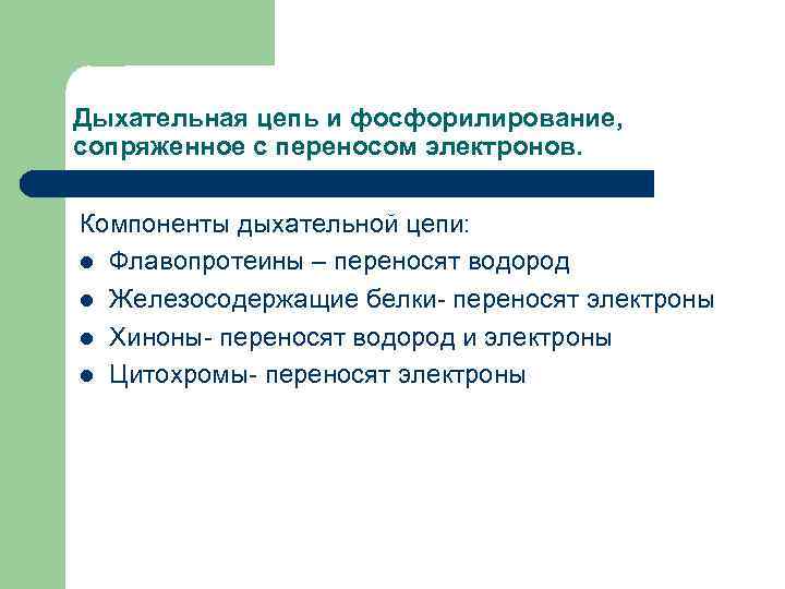 Дыхательная цепь и фосфорилирование, сопряженное с переносом электронов.  Компоненты дыхательной цепи: l Флавопротеины