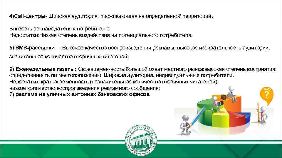 4)Call-центры- Широкая аудитория, проживаю-щая на определенной территории.  Близость рекламодателя к потребителю. Недостатки: Низкая